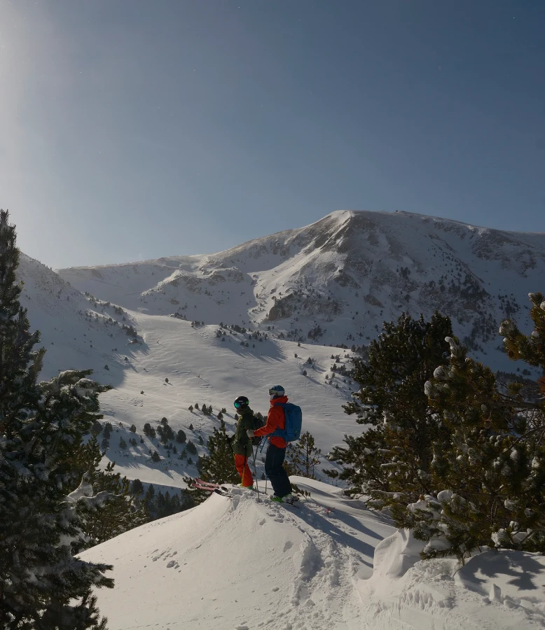 Au milieu de sapins, deux skieurs sur le haut d'une piste regarde les sommets enneiges . de Grandvallira
